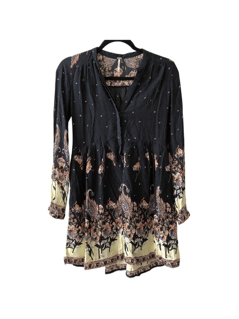 Free People Black Cream Floral Long Sleeve Boho Tunic Dress XS